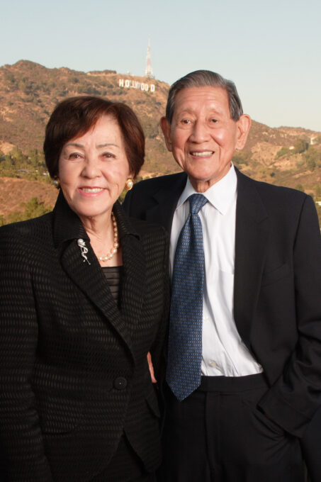 George and Sakaye Aratani with Hollywood sign