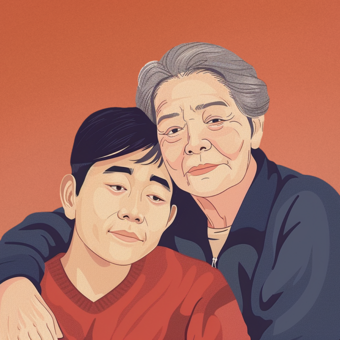 illustration of mother with arms around adult son