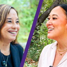 collage of two woman smiling facing each other