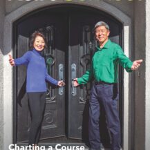 cover of a woman in purple and a man in green in front of a door