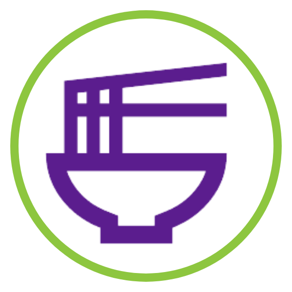 ramen bowl with chopsticks icon in circle outlined with green