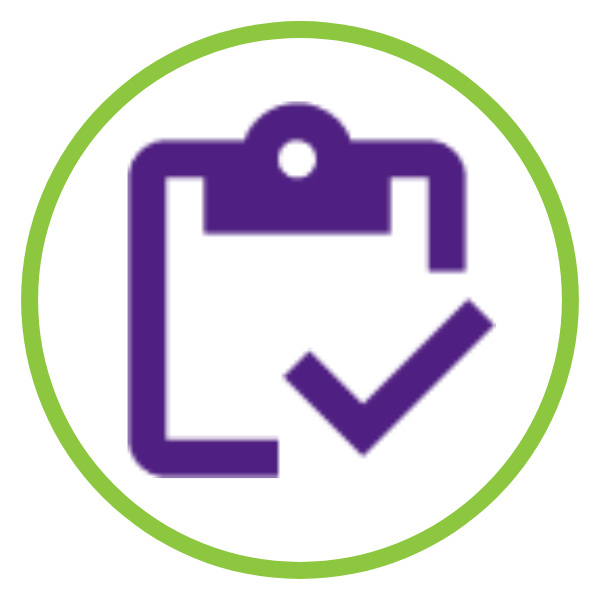 clipboard with check mark icon in circle outlined with green