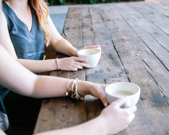 table with two people drinking coffee