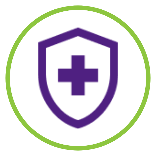shield with plus icon in circle outlined with green