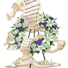 illustration of flower wreath with a list woven into it that reads 