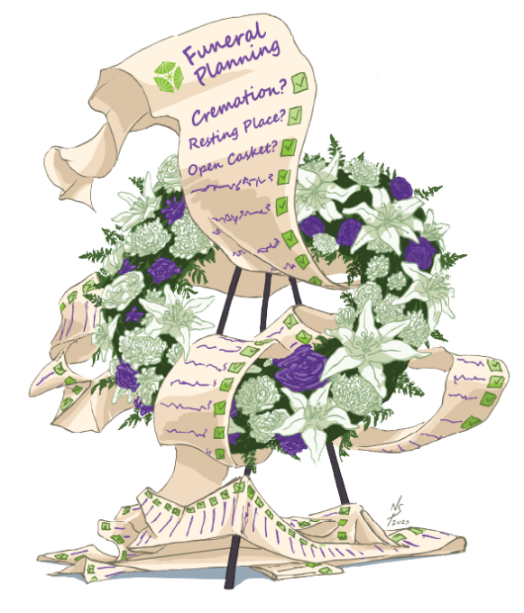 illustration of flower wreath with a list woven into it that reads "Funeral Planning"