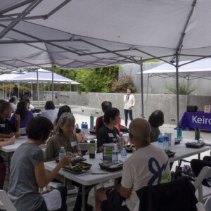 group of people sitting under white tents