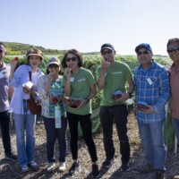 a group of people with strawberries