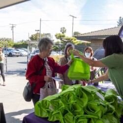 a woman in red receiving a green bag