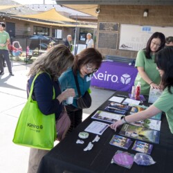 a woman in green pointing to a paper to two women