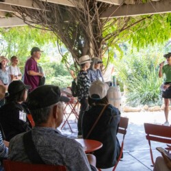 a lady in green talking in front of a group of people