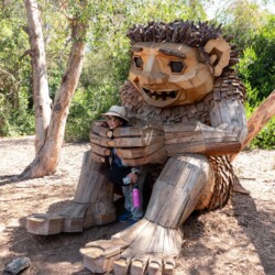 a woman in the hands of a wooden troll