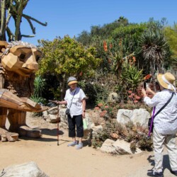 a woman taking a picture of a woman next to a wooden troll