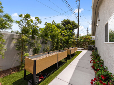 two plant beds in a backyard space