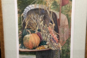 Autumn Harvest - Satoko Yamamura (93) painting of autumn vegetables in mailbox