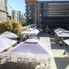 over head shot of canopies over courtyard