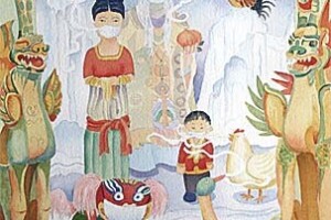 Avian Flew I - Carol T. Miura (84) Painting of mother child and good luck dog