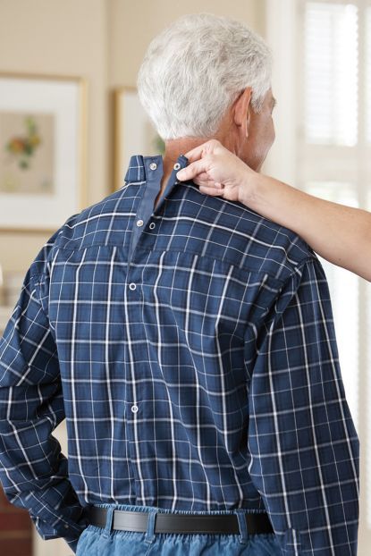 snap buttons on a man's shirt (adaptive clothing)