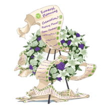 illustration of flower wreath with a list woven into it that reads 