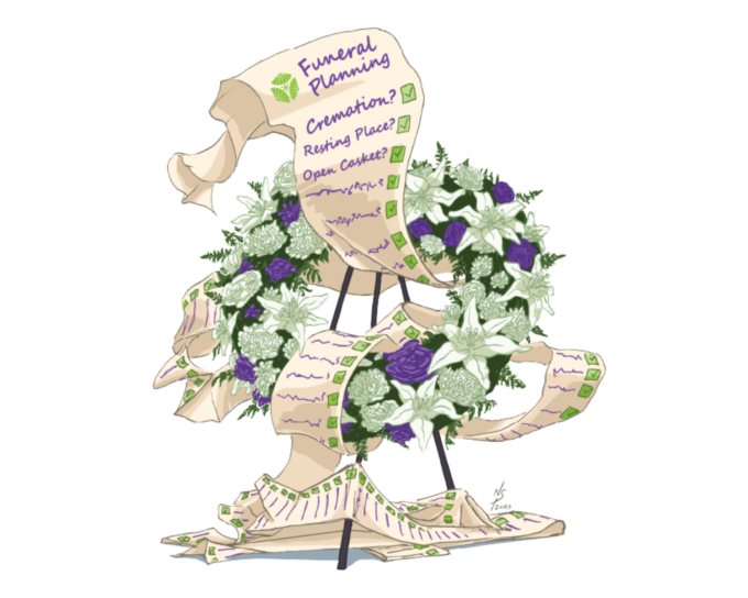 illustration of flower wreath with a list woven into it that reads 