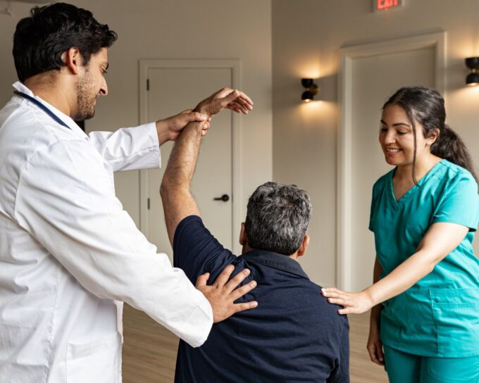 medical assistant with doctor and patient